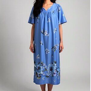 Vintage National Blue Floral Short Sleeve Knee Length House Dress MuuMuu Pockets